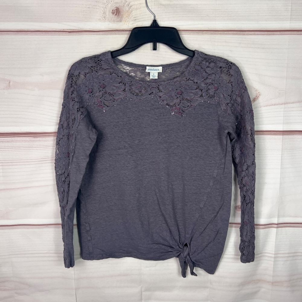 Sundance Top Womens S Purple Linen Blouse Lace Trim Long Sleeve Tie Waist Knit